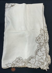 Vintage White Embroidered Floral Tablecloth