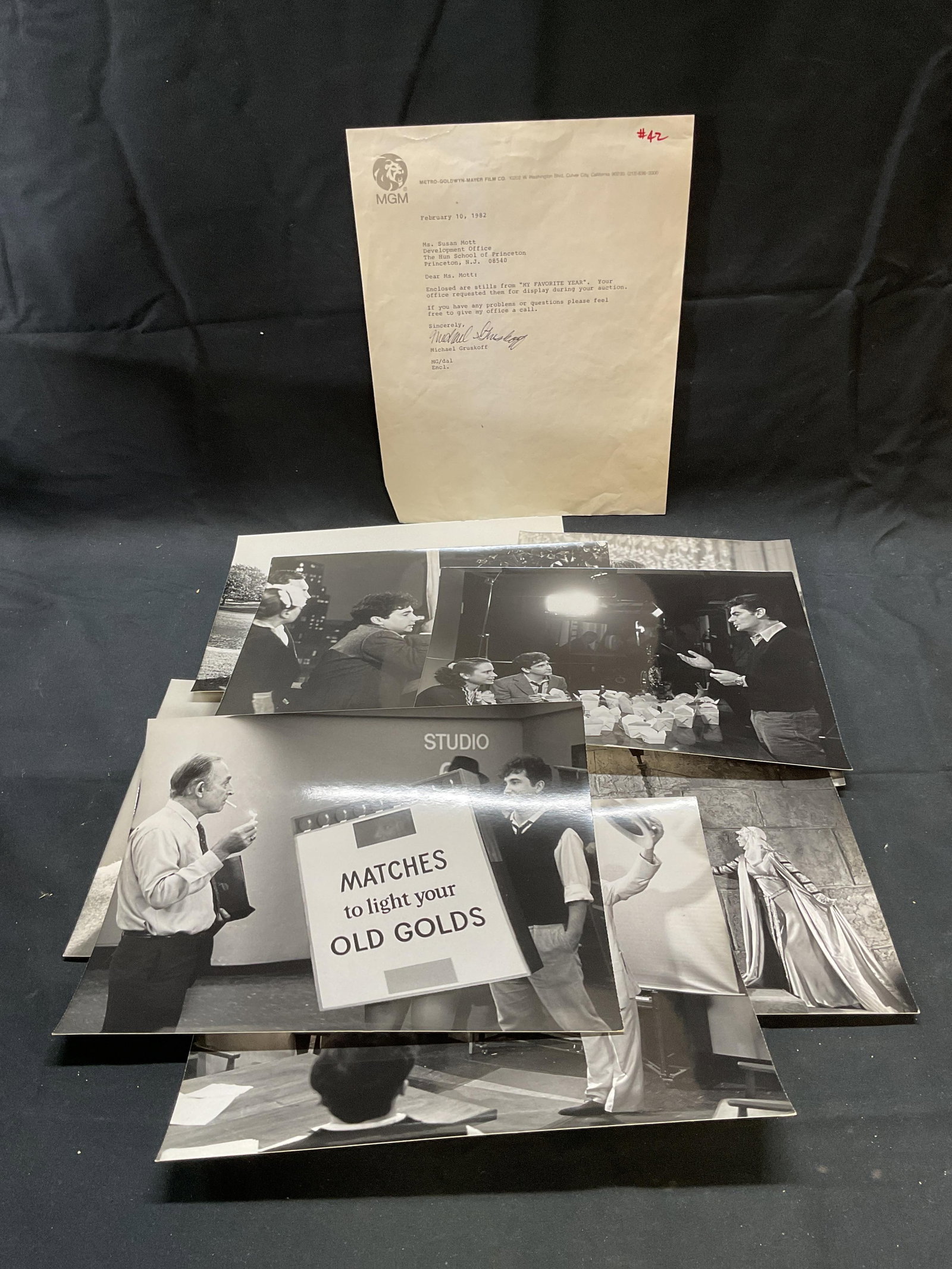Group Lot MGM My Favorite Year Film Stills 1982: Group of film stills from My Favorite Year. Includes original letter with Metro Goldwyn Mayer Film Co header from Michael Gruskoff, dated 1982. Still measure approx. 10 x 8 inches each. All pieces hav