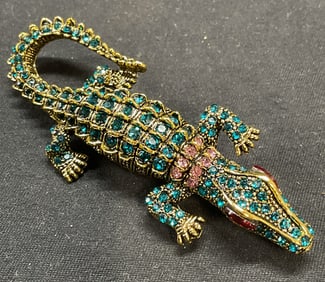 Vintage Gold Tn Crystal Alligator Brooch/Pendant