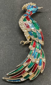 Vintage Enamel Crystal Peacock Brooch Pendant