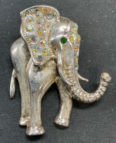 Vintage Silver Tone Crystal Elephant Brooch