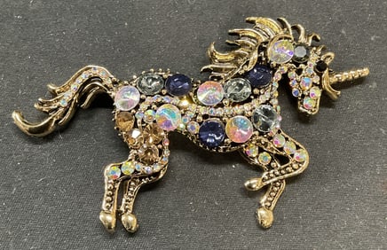 Gold Tone Crystal Unicorn Brooch Pendant