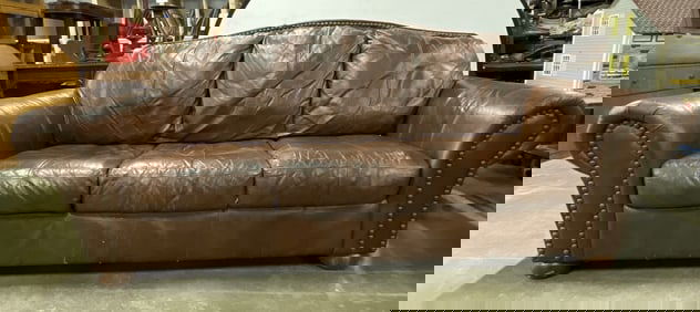 Vintage Brown Leather Nailhead Detail Sofa
