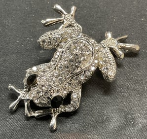 Silver Tone Crystal Frog Brooch Pendant