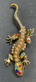 Gold Tone Faux Pearl Crystal Lizard Brooch