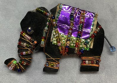 Signed Handmade Beaded Elephant Brooch