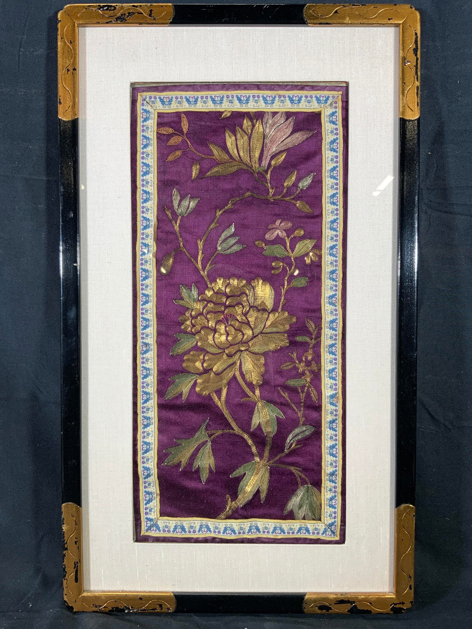 Framed Asian Style Gilt Peony Silk Embroidery (1 of 12)