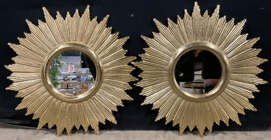 Pair Gold Tone Metal Sunburst Mirrors