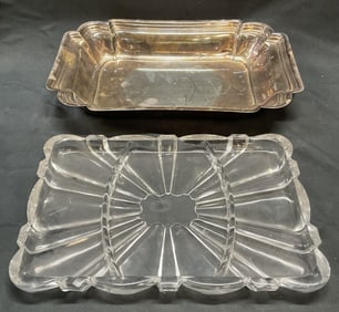 Lot 2 Vtg Silver Plated Dish & Glass Tray