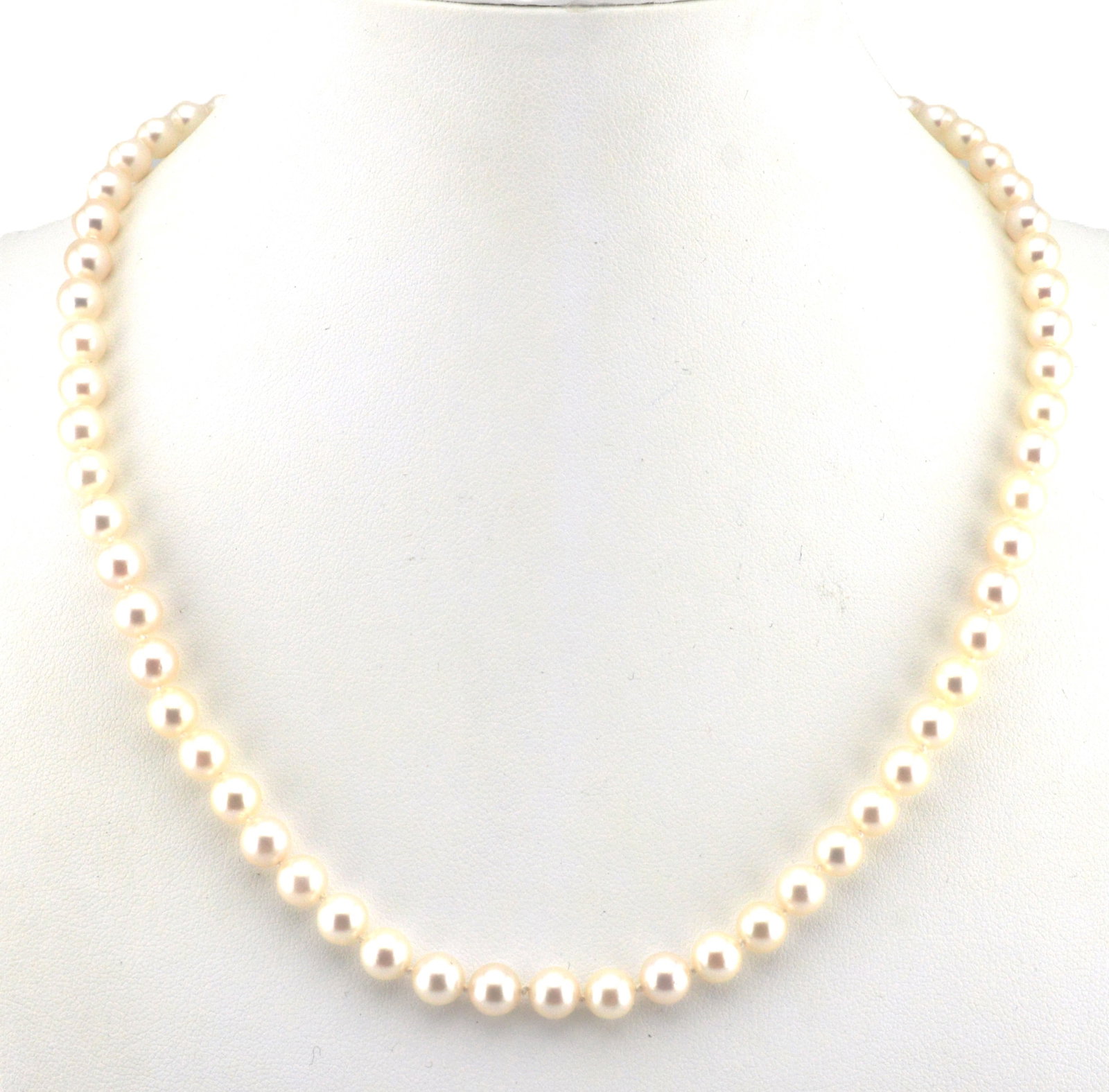 14K YG Akoya Pearl 18 IN Necklace: Beautiful white, 6.25MM lustrous Akoya pearls individually strung, 18 IN necklace with 14K YG decorative clasp.NEWBS2 J