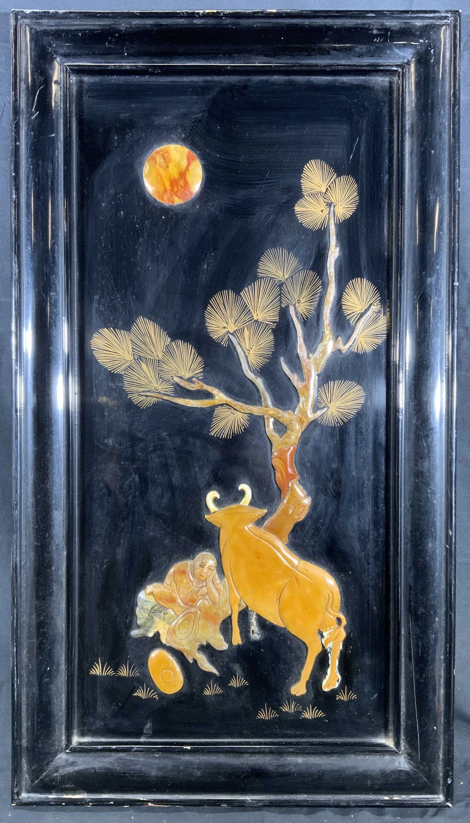 Asian Man & Bull Under Tree Lacquered Wood Plaque (1 of 11)