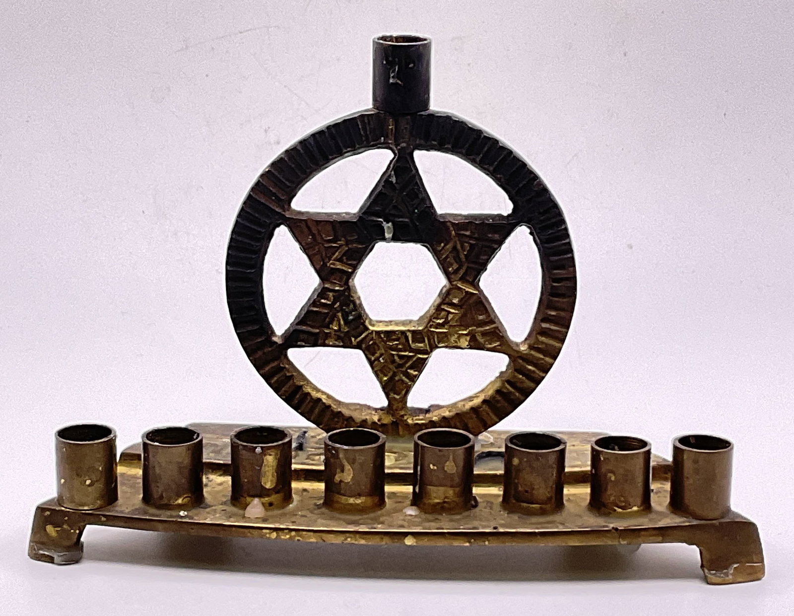 Brass Star Of David Menorah, Judaica: A brass Star Of David menorah. Measures approx. 3.5H x 5W in. Discoloration, residue, and surface wear present. home decor, home accents, homewares, housewares, home accessories, collectibles, Decorat