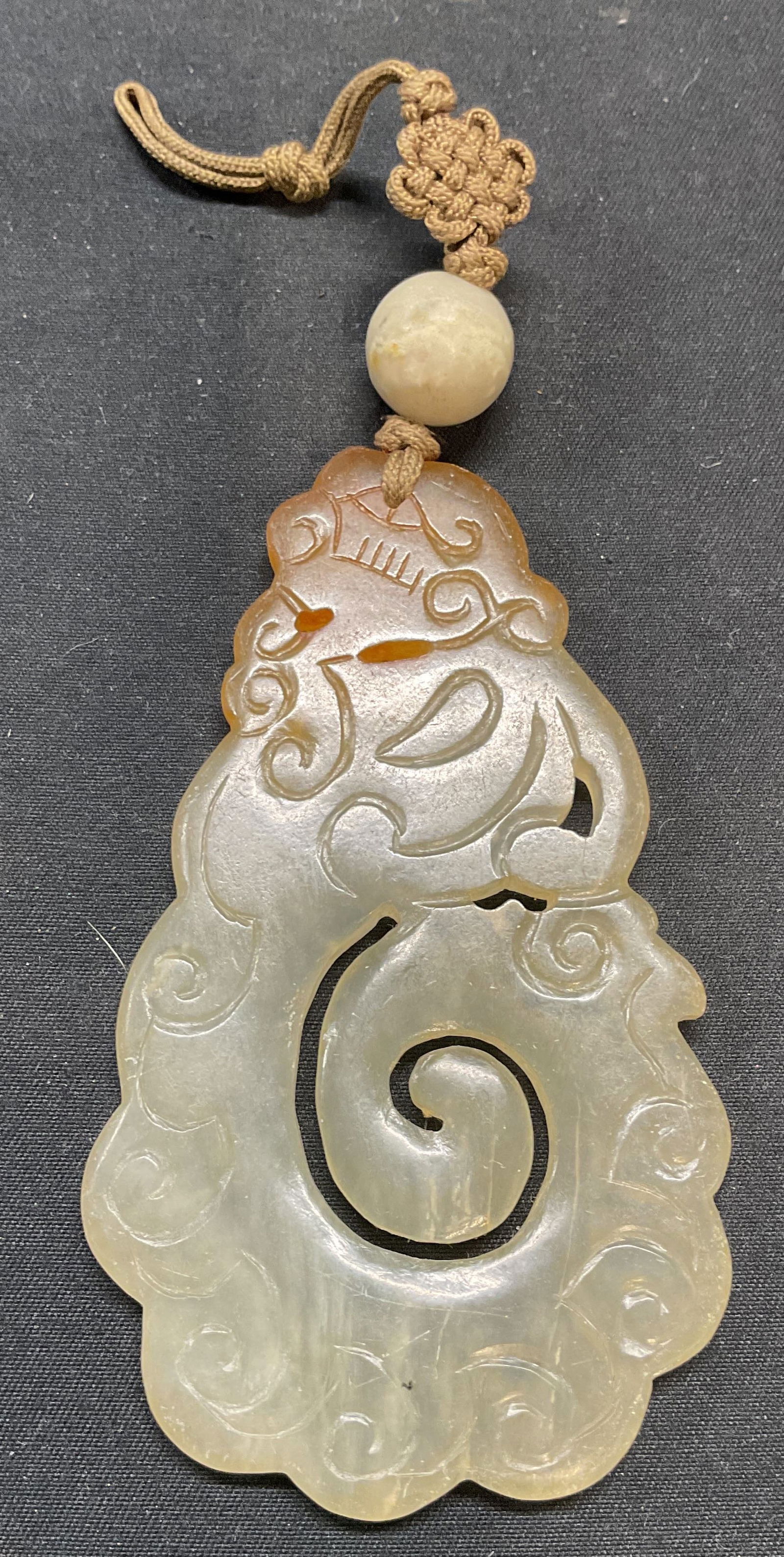 Vintage Asian Carved Jade Pendant: Vintage Asian hand carved jade pendant. Measures approx. 4 x 2 inches. Some surface wear including scratching observed. Jewelry, estate jewelry, fine jewelry, cocktail jewelry, fashion jewelry, access