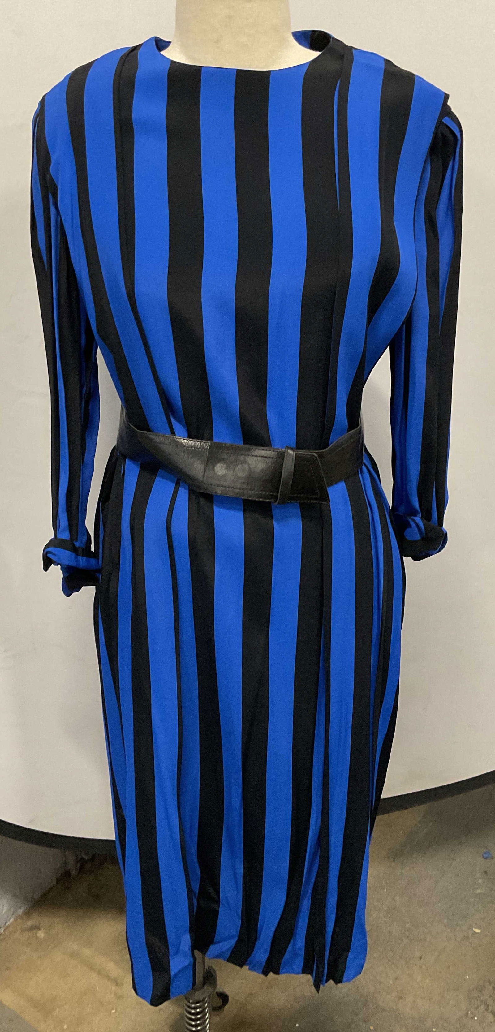 Vtg Chetta B Black & Blue Striped Belted Dress (1 of 7)