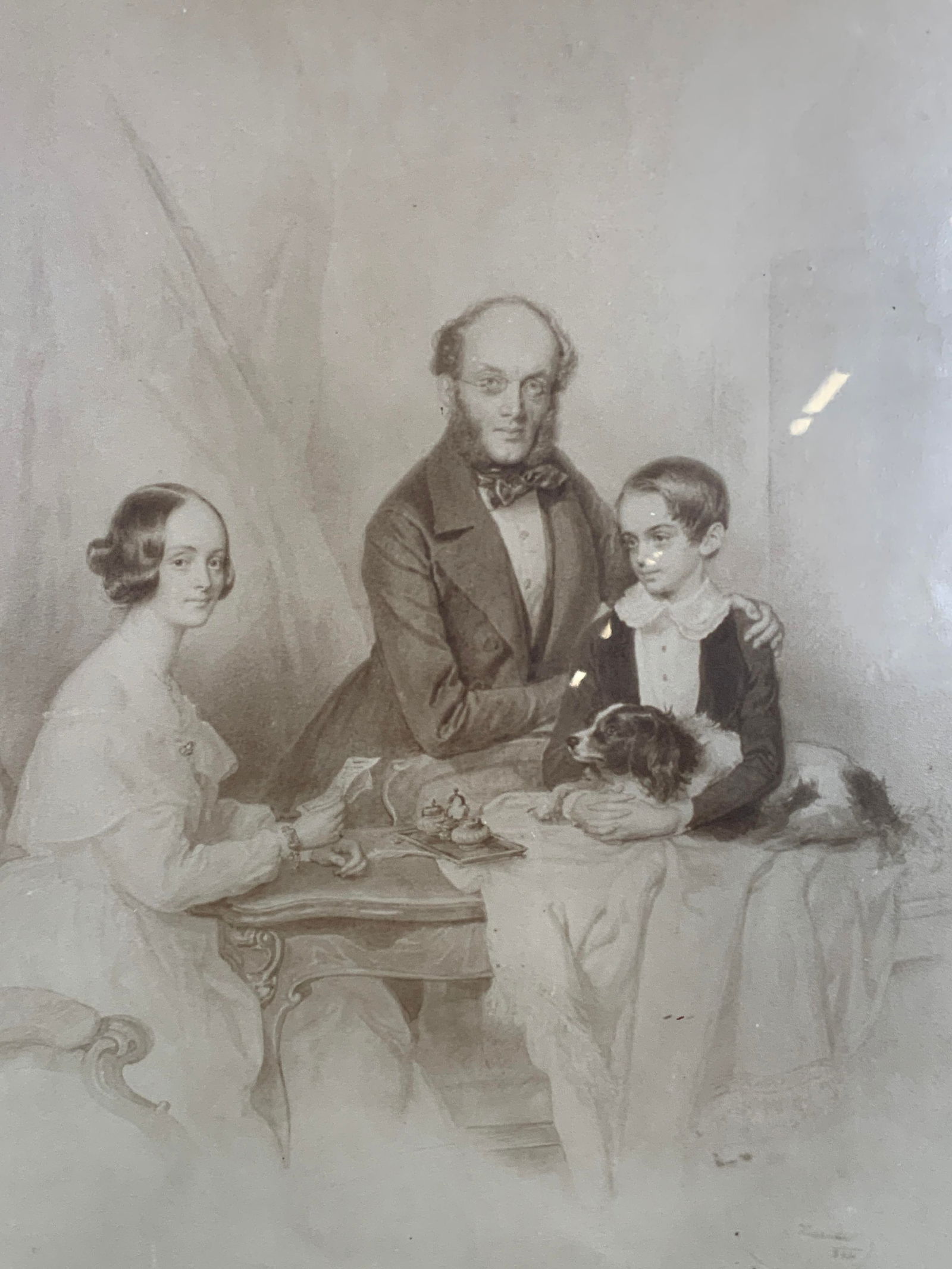 Framed 19th C. Family & Pet Portrait Lithograph (1 of 10)