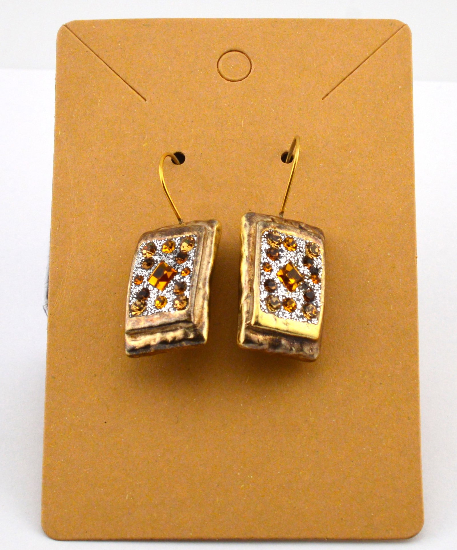 Handmade Gold Plated Silver Earrings w Crystal: Artisan crafted 820 silver with gold plating. Citrine colored crystals sit in a bed of shimmering glitter. Long fishhooks have a secure clasp. 1 IN x .5 IN.PREOWNEDBS5 J