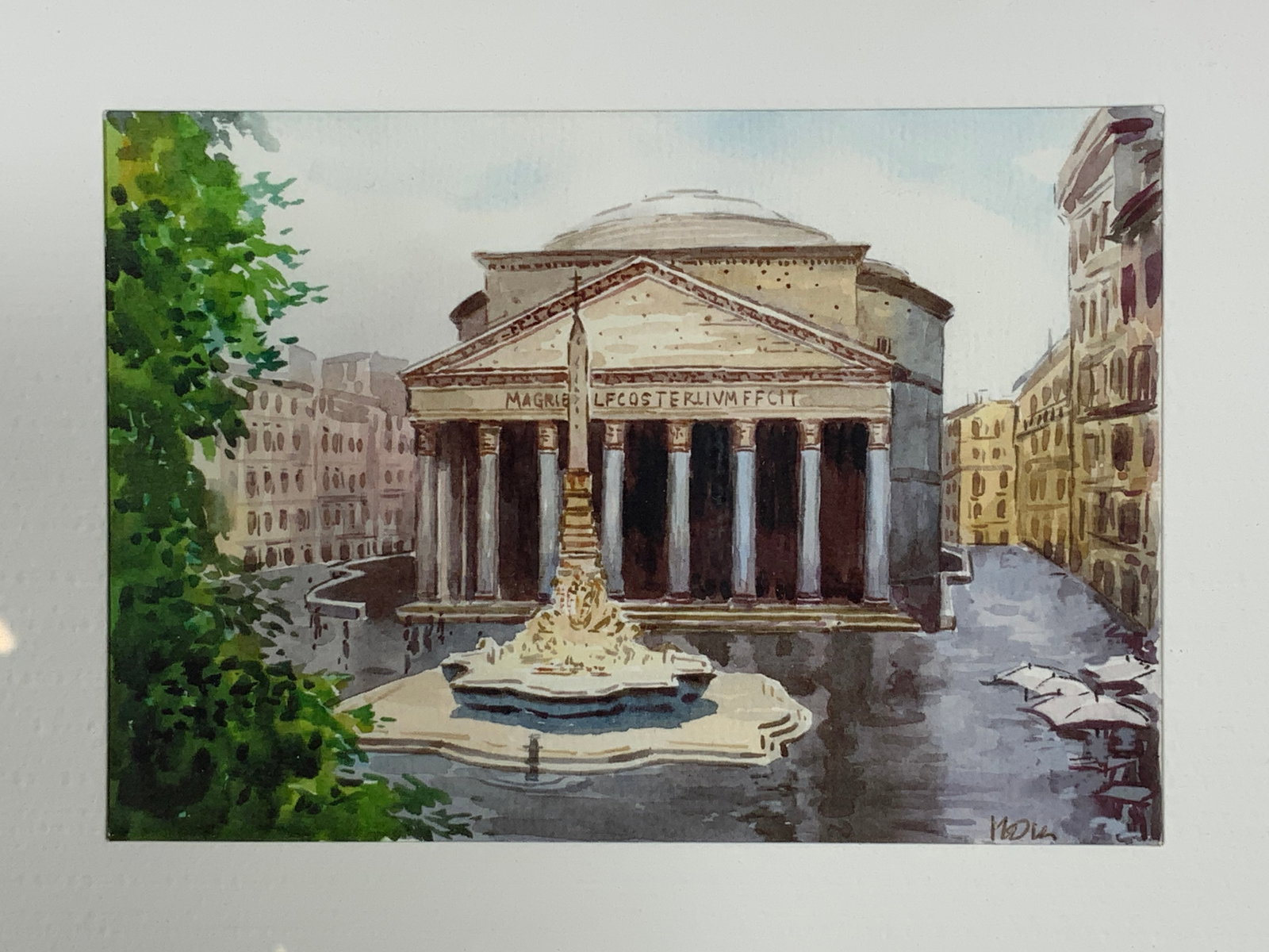 Framed & Signed Fontana del Pantheon Watercolor: Watercolor on paper. Signed in lower right corner. Signature reads MDk. Subject depicts the Fontana del Pantheon. Framed in a brown wooden frame. Frame measures approx. 10.5 W x 8 H in. Window measure