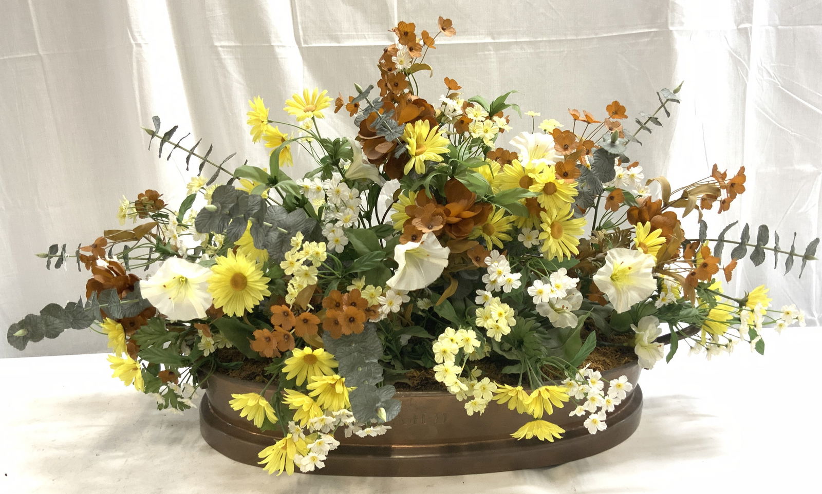 AHD Copper Tray Planter W Handles & Faux Flowers (1 of 6)