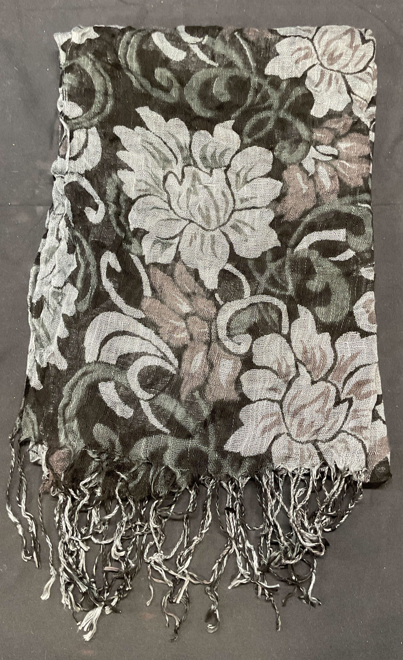 Black & Grey Linen Blend Floral Scarf (1 of 7)