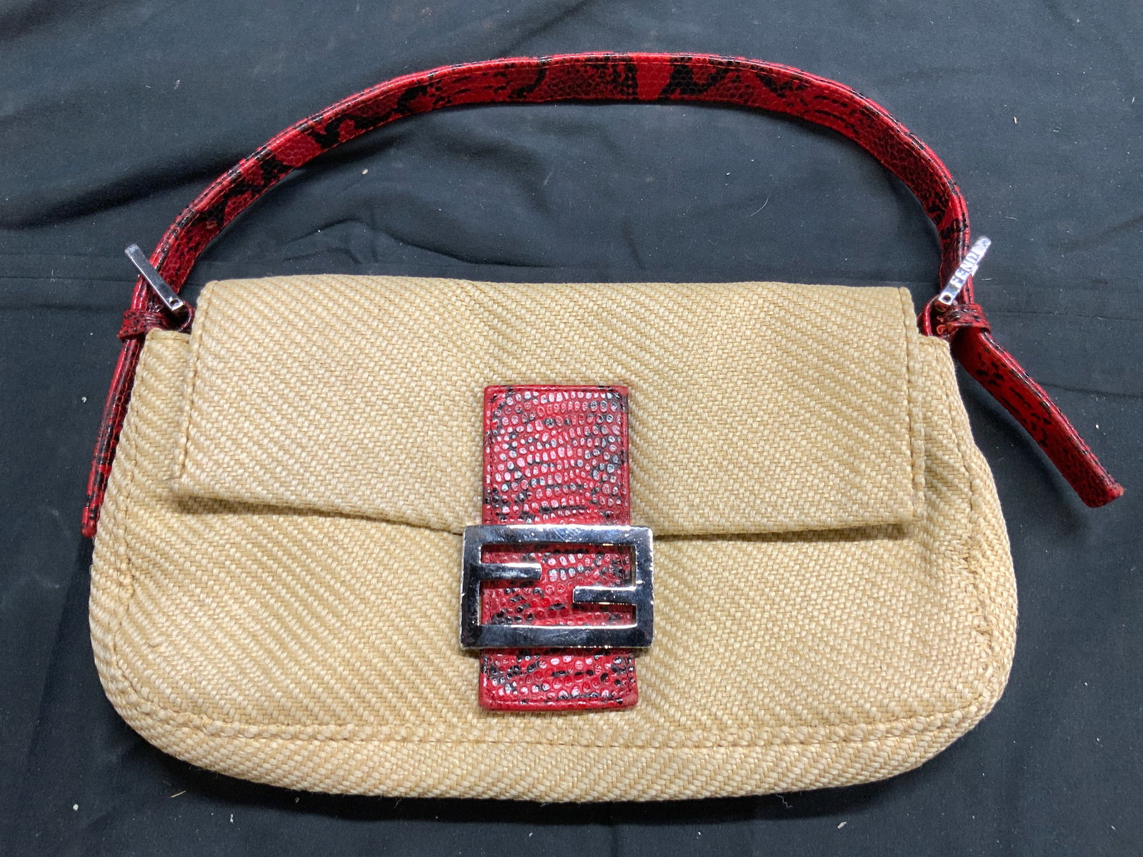 FENDI Tan & Red Baguette Woven Handbag (1 of 7)