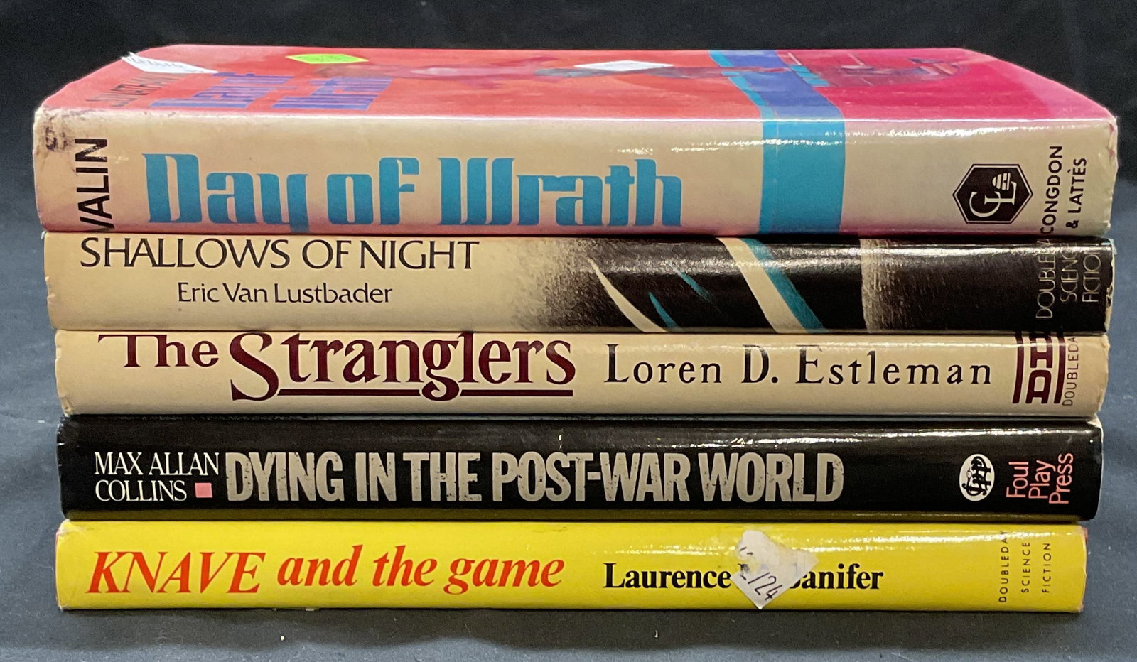 Lot 5 Vintage Science Fiction & Crime Books: Lot of 5 vintage hardcover science fiction, crime, and more books. Includes Day of Wrath by Jonathan Valin, Knave and The Game by Laurence M Janifer, Dying In The Post War World by Max Allen Collins, 