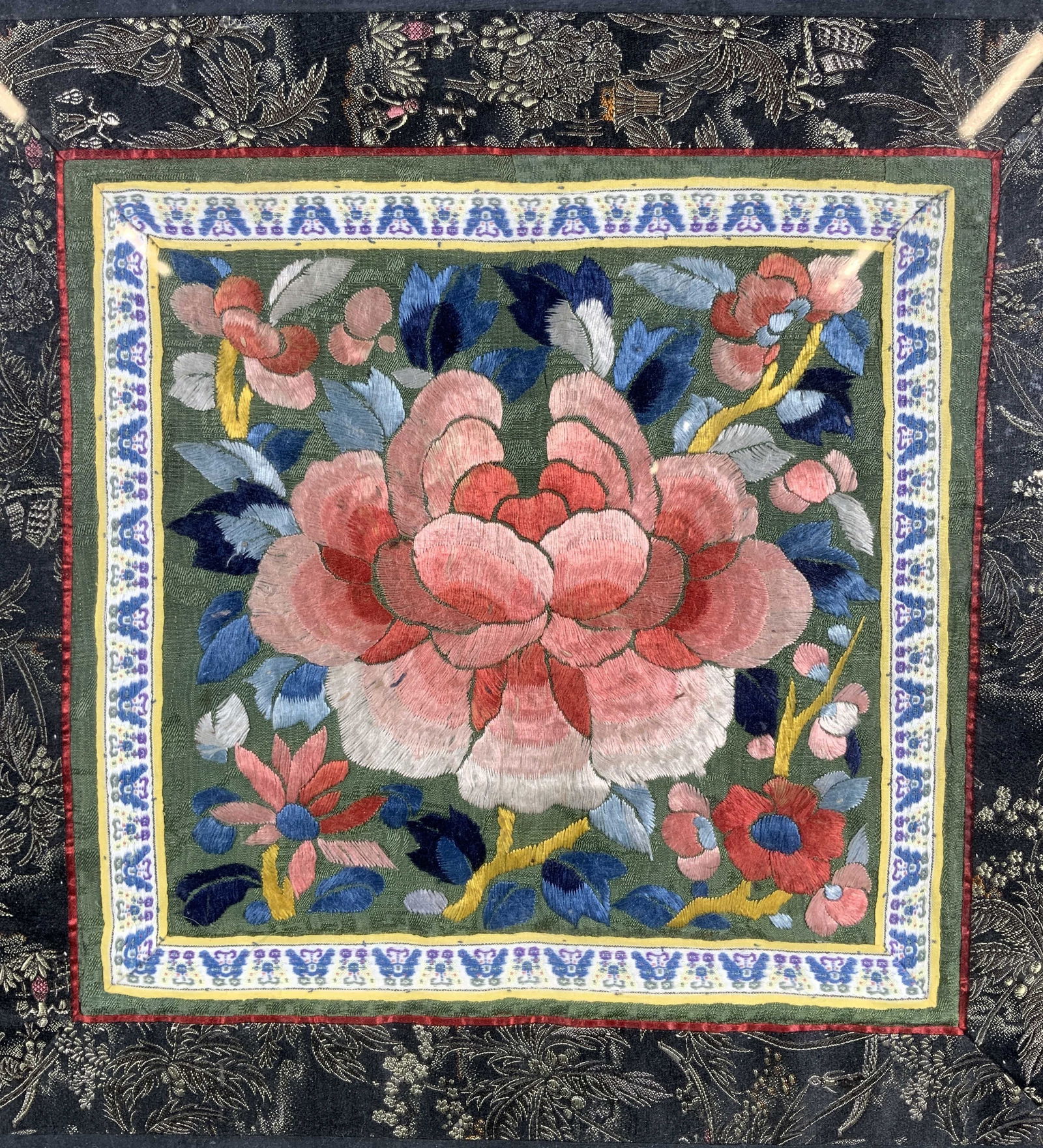 Framed Asian Pink & Blue Peony Silk Embroidery (1 of 11)