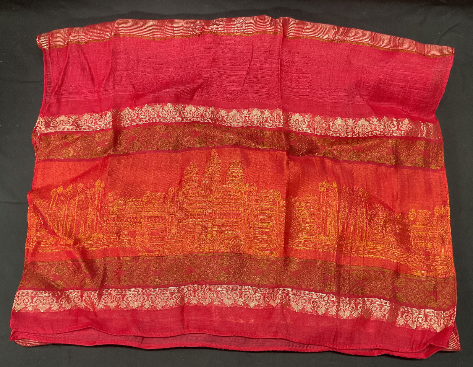 Pink & Orange Woven Damask Silk Scarf: Pink and orange woven damask silk scarf with landscape and scroll pattern. Measures approx. 66 inches long. Some wear to material consistent with exposure. Ladies scarf, ladies silk scarf! Ladies dama