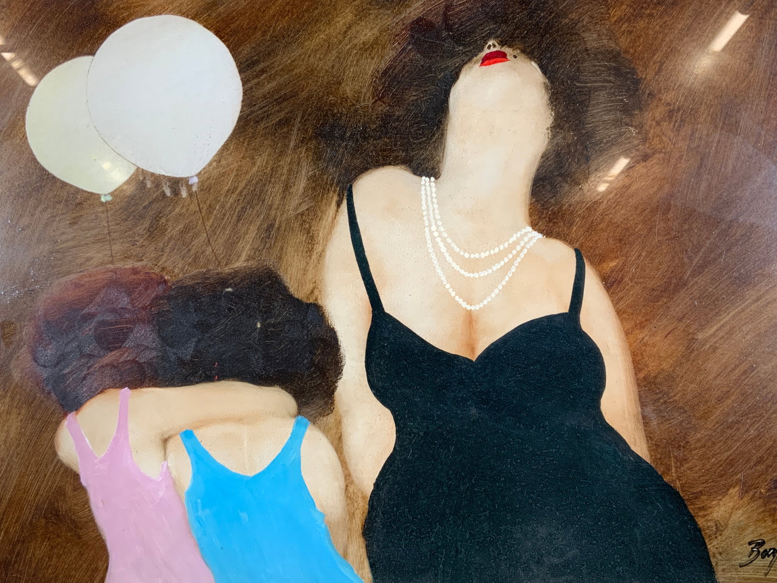 Borys Buzkij Woman & Girls Original Oil Painting: Oil paint on paper. Signed in lower right corner. Art by Borys Buzkij. Subject depicts two girls with balloons next to a woman with a pearl necklace looking up. Framed in wooden frame. Frame measures 