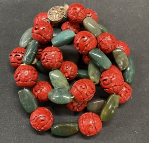 Green Semiprecious & Cinnabar Lacquer Necklace