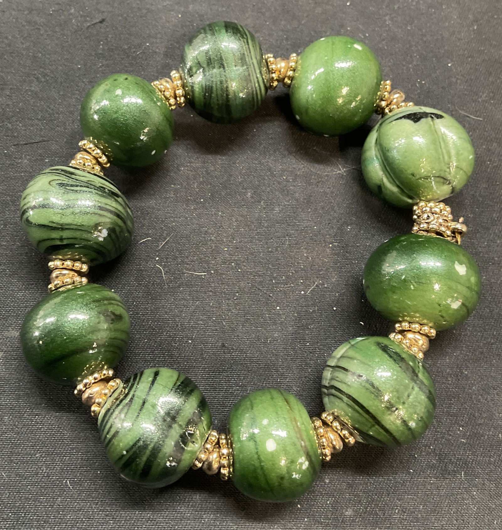 Signed LC Gold Tone Green Beaded Bracelet (1 of 6)