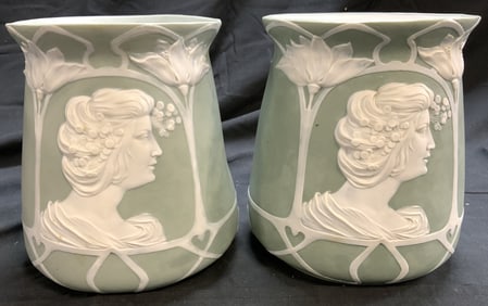 Pair Art Nouveau Jasperware Vessels Green