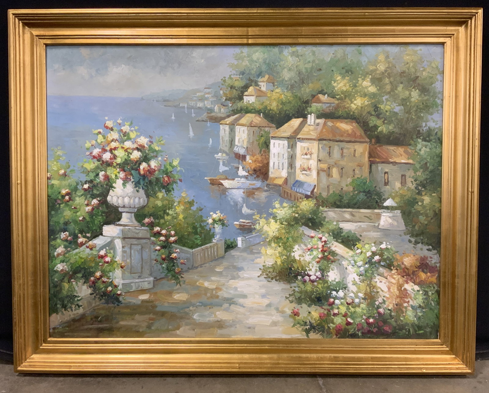 Framed Botanical Italian Veranda Oil Painting: Oil painting on canvas. Subject depicts a veranda filled with flowers looking over a Mediterranean coastline. Framed in a gilt wooden frame. Frame measures approx. 56 W x 44 H in. Window measures appr