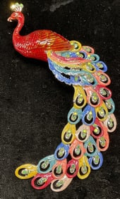 XL Enamel Crystal Peacock Brooch Pendant 5 In.