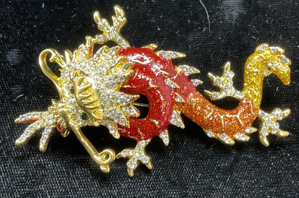 Gold Tone Enamel Crystal Dragon Brooch Pendant