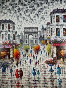 Solomon Hwang Sgnd Arch de Triomphe Oil Painting