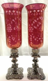 Pr Silver Pl & Cranberry Gls Hurricane Candlesticks