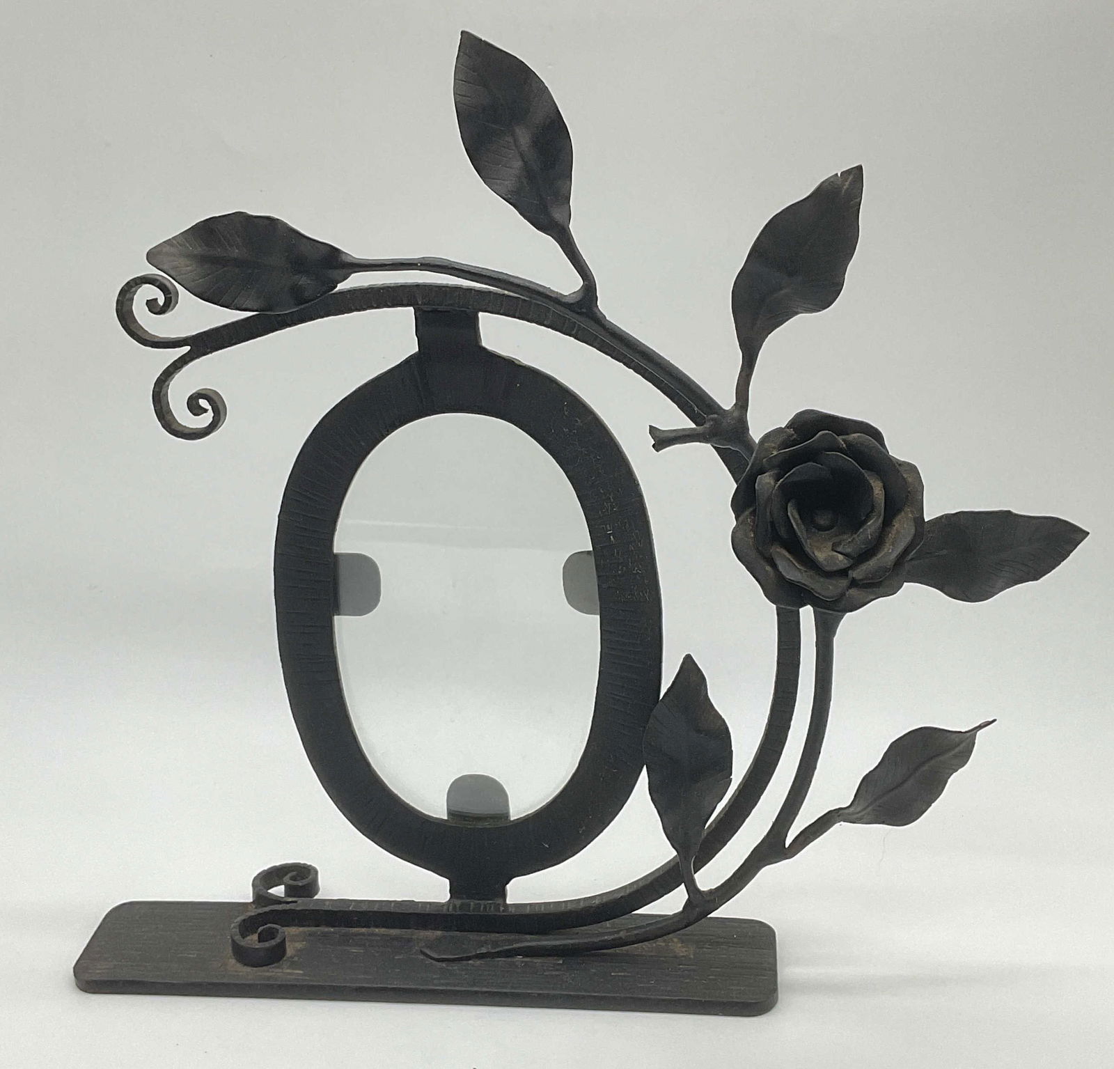Vintage Iron Floral Motif Picture Frame: Vintage iron picture frame with floral motif. Measures approx. 11 x 11 inches. Some surface wear incisiveness scratching observed. Picture frame, floral picture frame, iron picture frame, decorative a