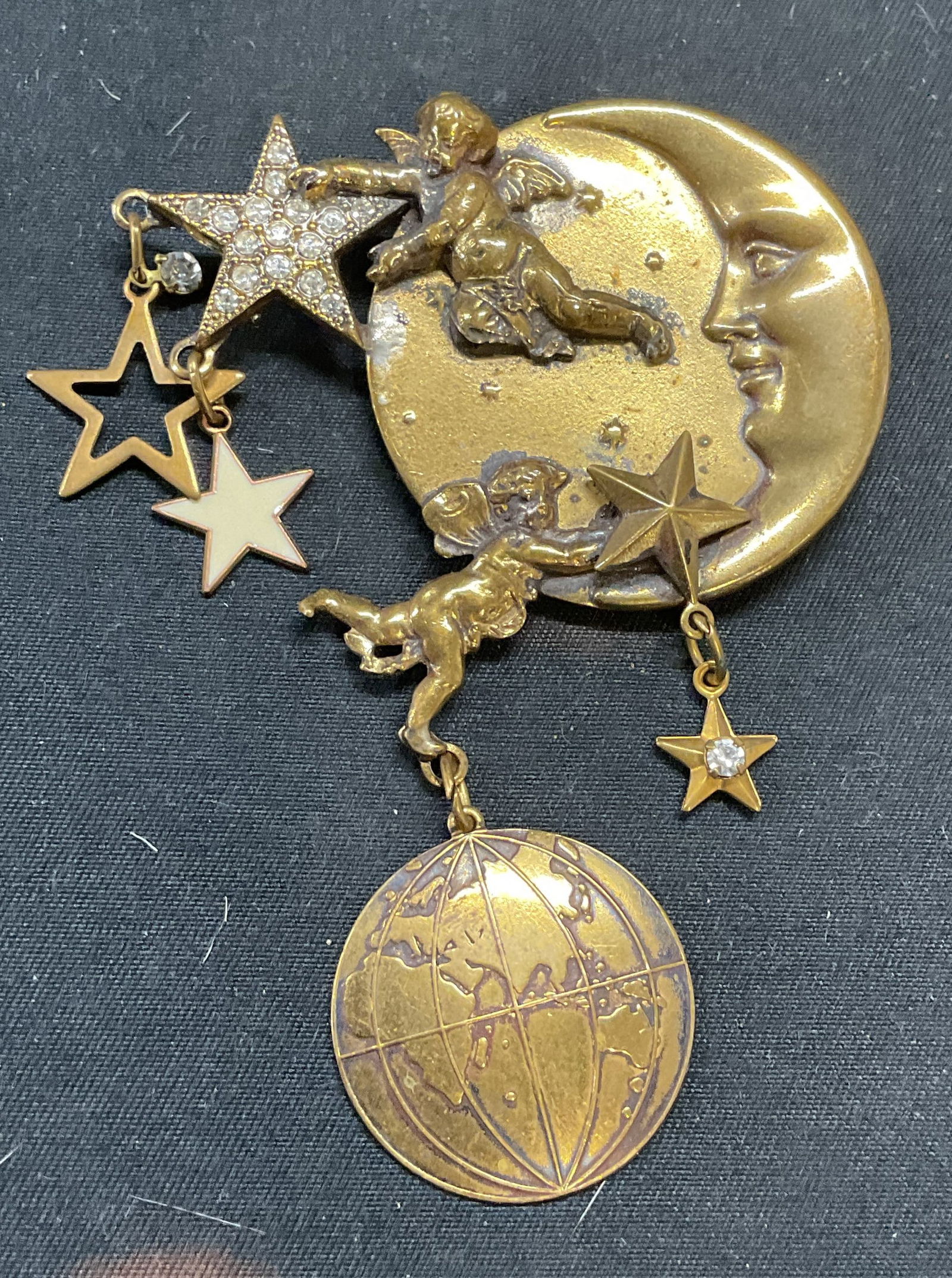 Vintage Gold Tn Cherub, Moon, Stars Brooch (1 of 6)