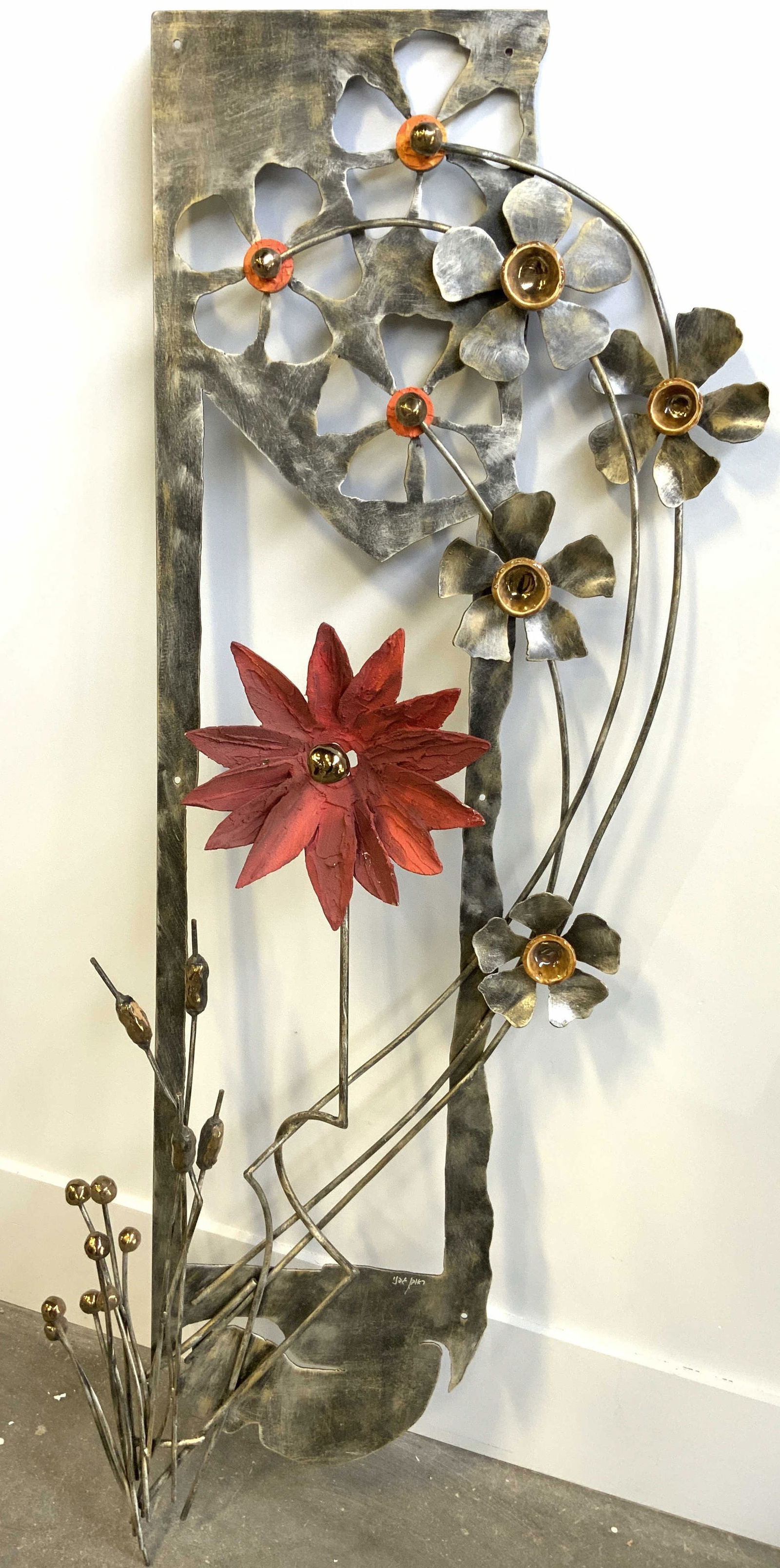Signed Metal Floral Wall Sculpture Wall Art 70inH (1 of 10)