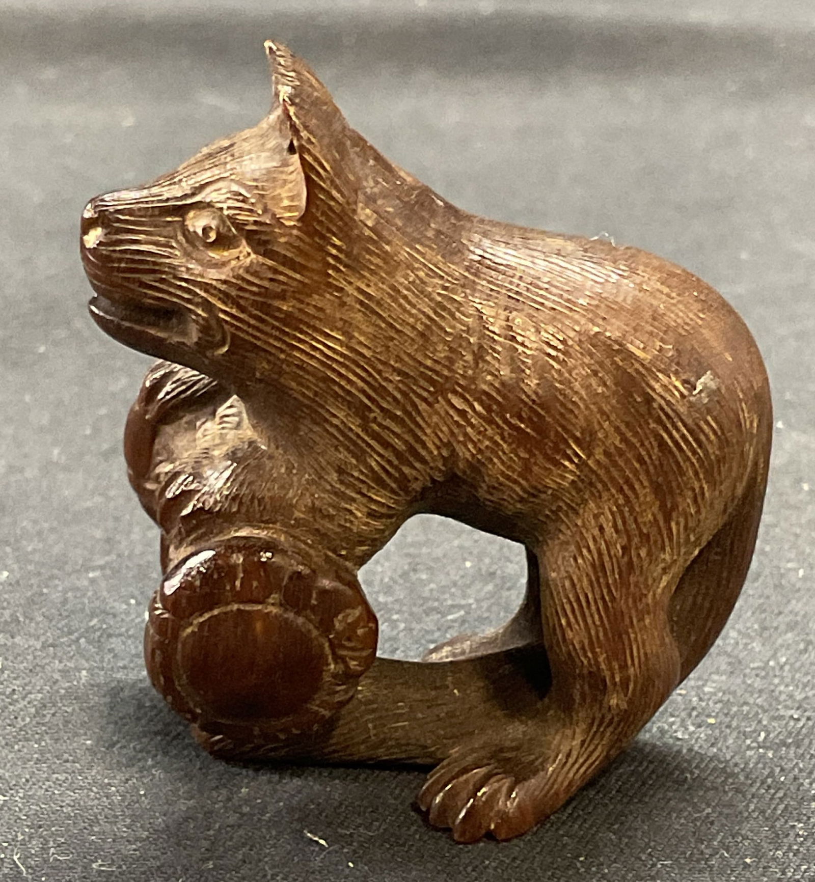 Signed Hand Carved Wooden Dog Netsuke (1 of 7)