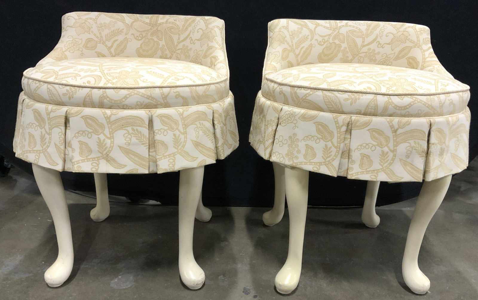 Pr Vintage Queen Anne Skirted Vanity Swivel Chairs (1 of 7)