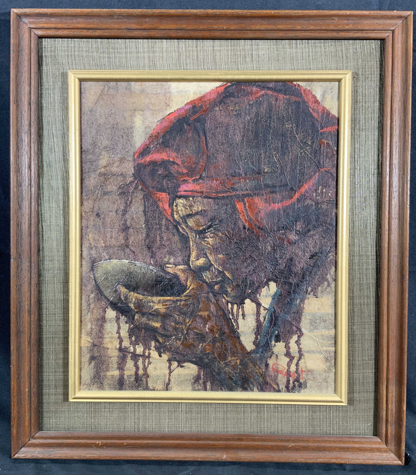 Prayat Pongdam Signed Womans Portrait Painting: Acrylic Painting on paper. Art by Prayat Pongdam, (1934-2014). Signed in lower right corner. Subject depicts a portrait of an old woman drinking from a bowl. Framed in a brown wooden frame. Inner wind