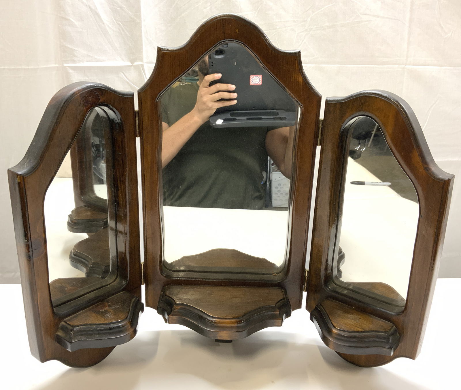 Vintage Wooden Frame Tri Panel Wall Mirror (1 of 8)