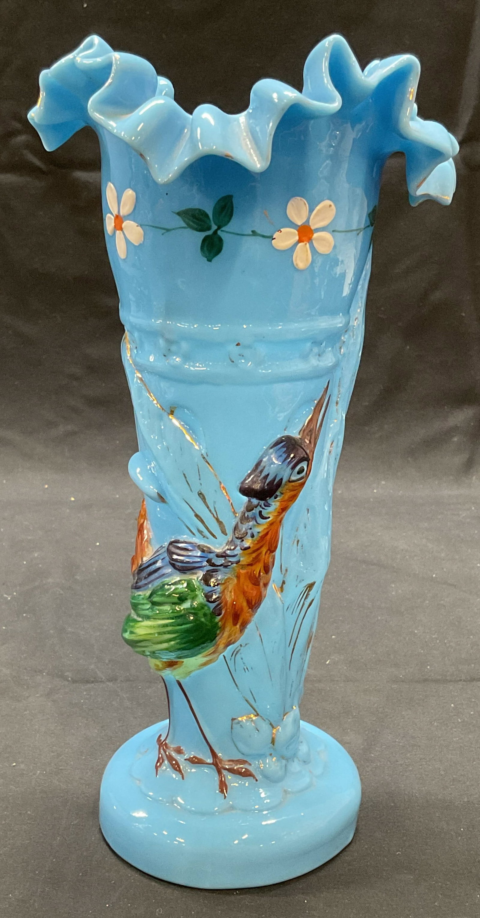 Vintage Blue Art Glass Bird Handkerchief Vase: Vintage blue art glass with molded bird motif and handkerchief rim. Hand painted decoration. Measures approx. 4.5 x 9 inches. Some surface wear including scratching and loss to paint observed. Art gla