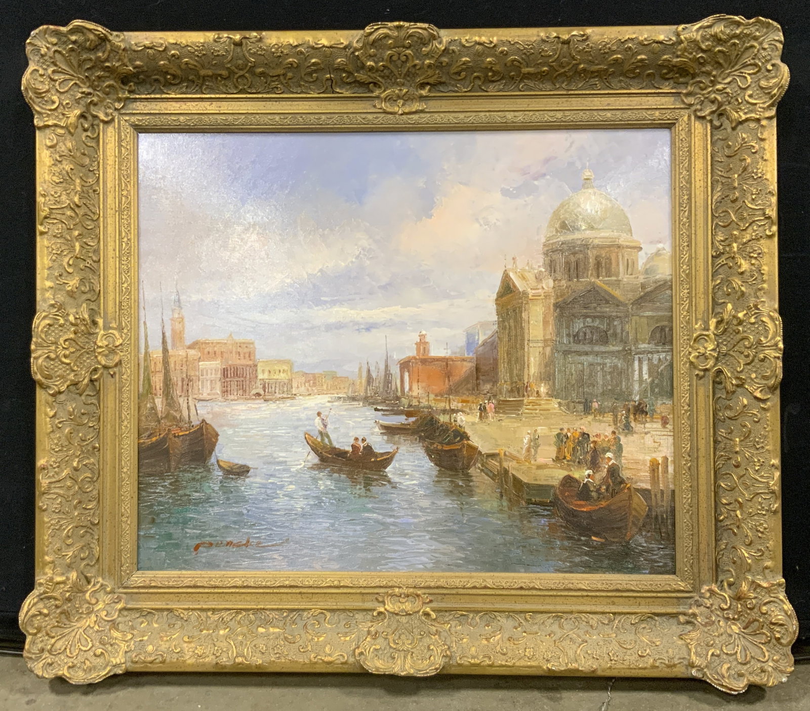 Signed & Framed Venetian Harbor Oil Painting: Oil painting on canvas. Signed in lower left corner. Signature reads Pencke. Subject depicts a Venetian Harbor with boats coming in and out, in the background is the Basilica Santa Maria della Salute.