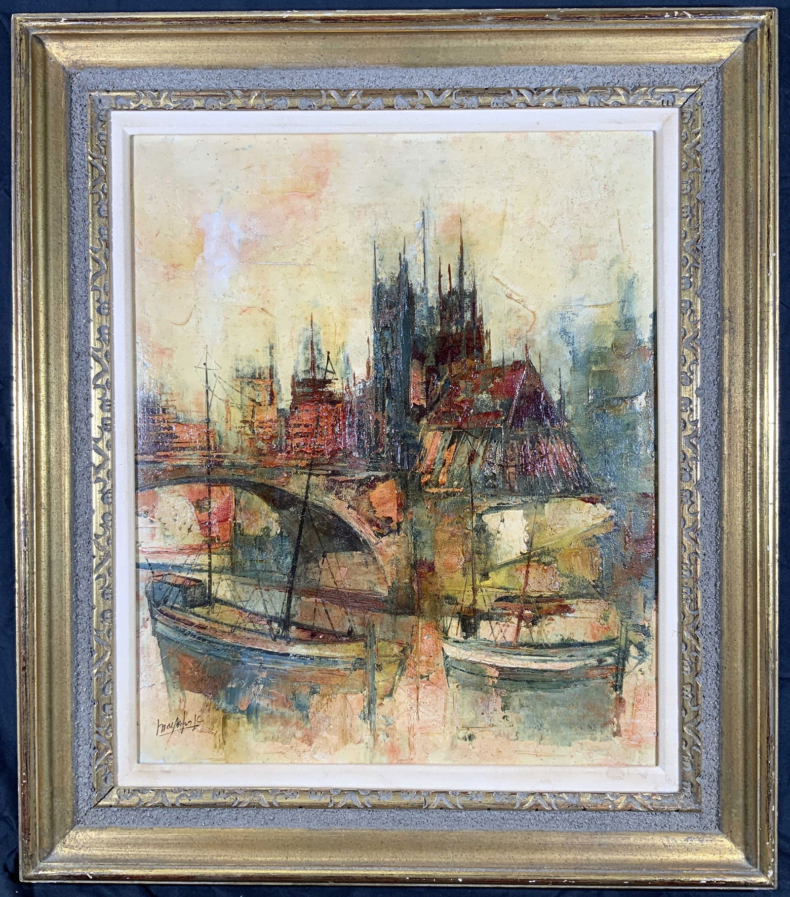 Framed & Signed City River Boats Oil Paintings (1 of 11)