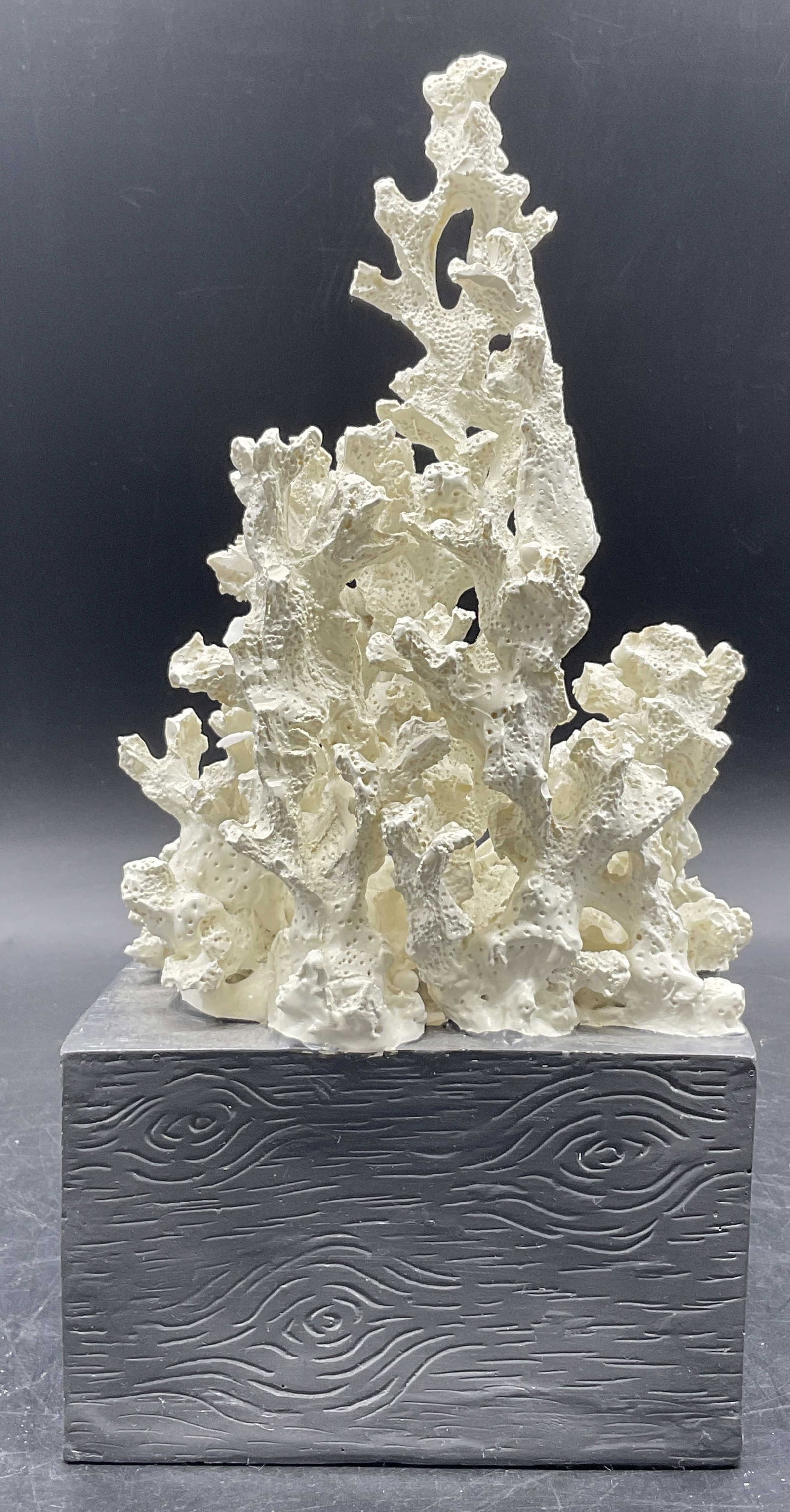 Composite White Finger Coral Sculpture On Base: A composite white finger coral sculpture affixed to a gray hued faux wood base. Measures approx. 10H x 4.75W in. Measured at widest point. Chipping, surface wear, and losses present. home decor, home 