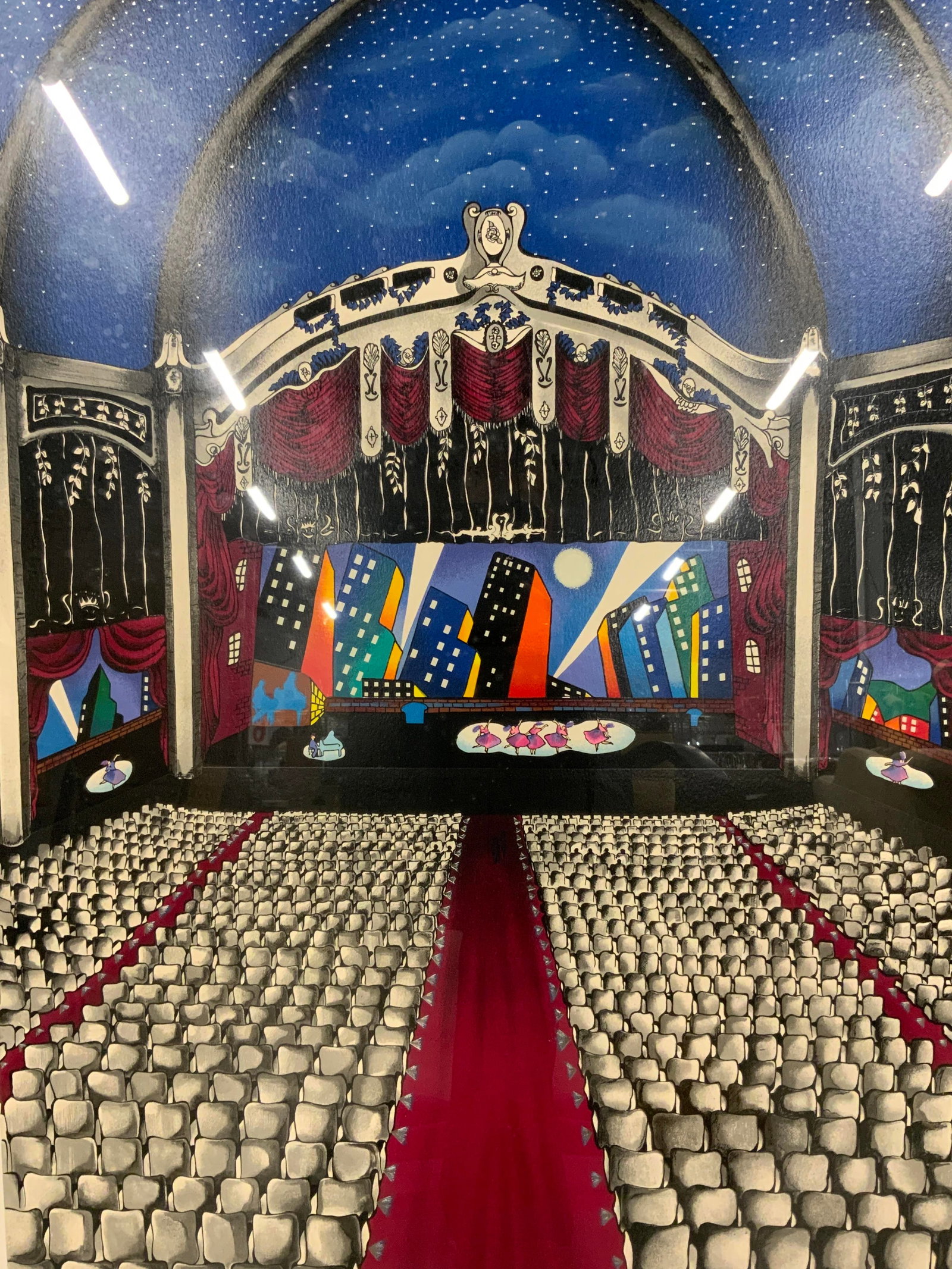 Linnea Pergola 1991 HC Dress Rehearsal Serigraph: Serigraph on paper. Art by Linnea Pergola. Dated 1991. Titled Dress Rehearsal. Limited edition is. Hors Commerce, 48/50. Subject depicts an empty large theatre with dancers and performers on the stage