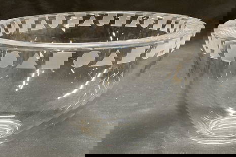 Sasaki Ward Bennett Geometric Crystal Bowl: Sasaki Ward Bennett geometric pattern crystal bowl. Etched geometric pattern along rim. Signed on underside. Thick walled crystal, piece has weight. Measures approx. 7.25 x 4 inches. Some surface wear
