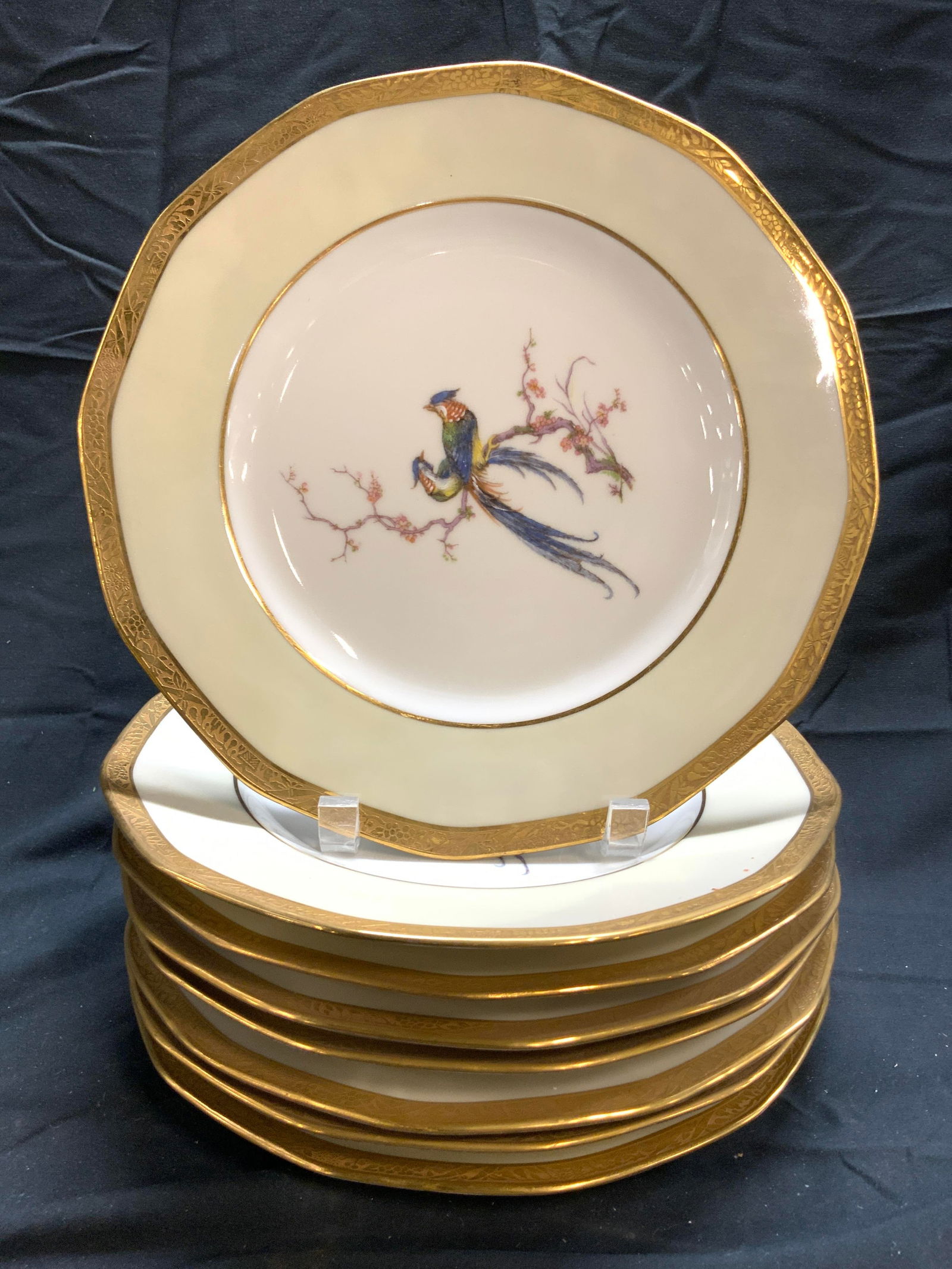 THEODORE HAVILAND LIMOGES FRANCE Set 8 Prc Plts: Undersides are marked THEODORE HAVILAND LIMOGES FRANCE. Lot includes 8 plates. Each piece has floral and leaf gilt detailed rim. Plates each have multi toned detail of birds in center. Each piece meas